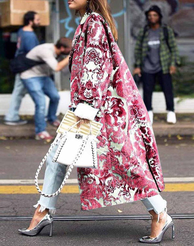 Women's Autumn Long Sleeve Collar Printed Woolen Coats