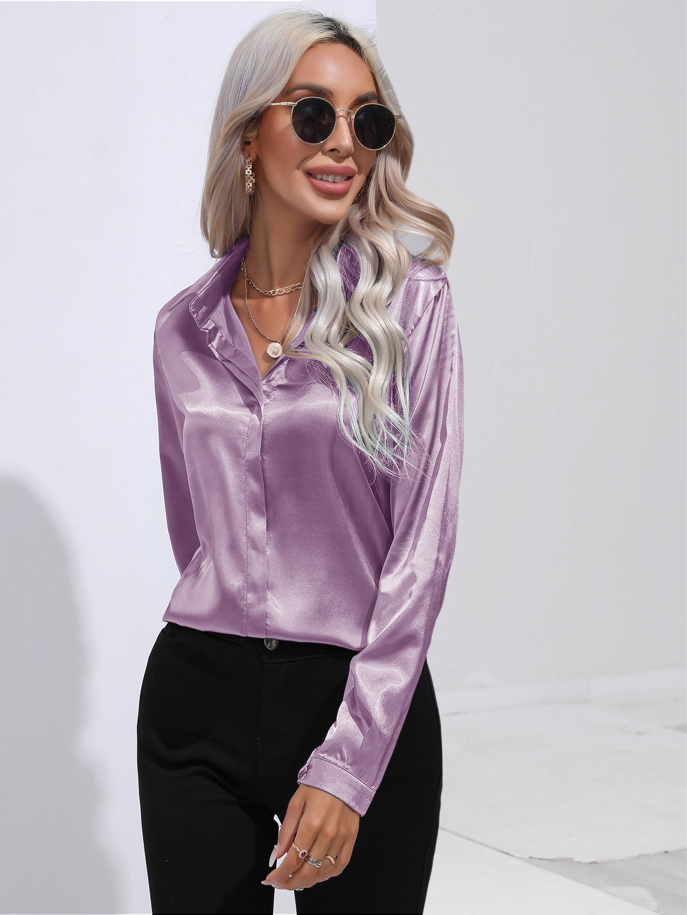 Women's One Button Satin Shirt Long Sleeve Blouses