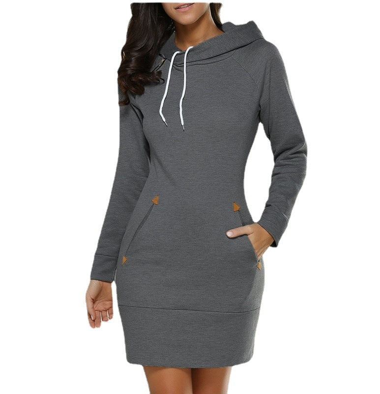 Stylish Hooded Zipper Pullover Mid-length Dress Dresses