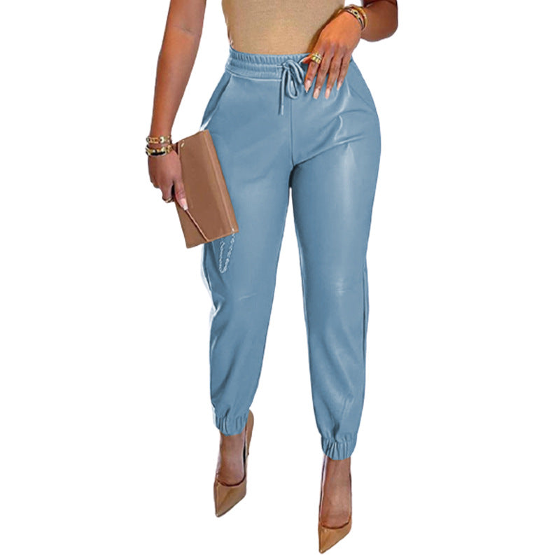 Women's Solid Color Drawstring Pocket Leather Casual Pants