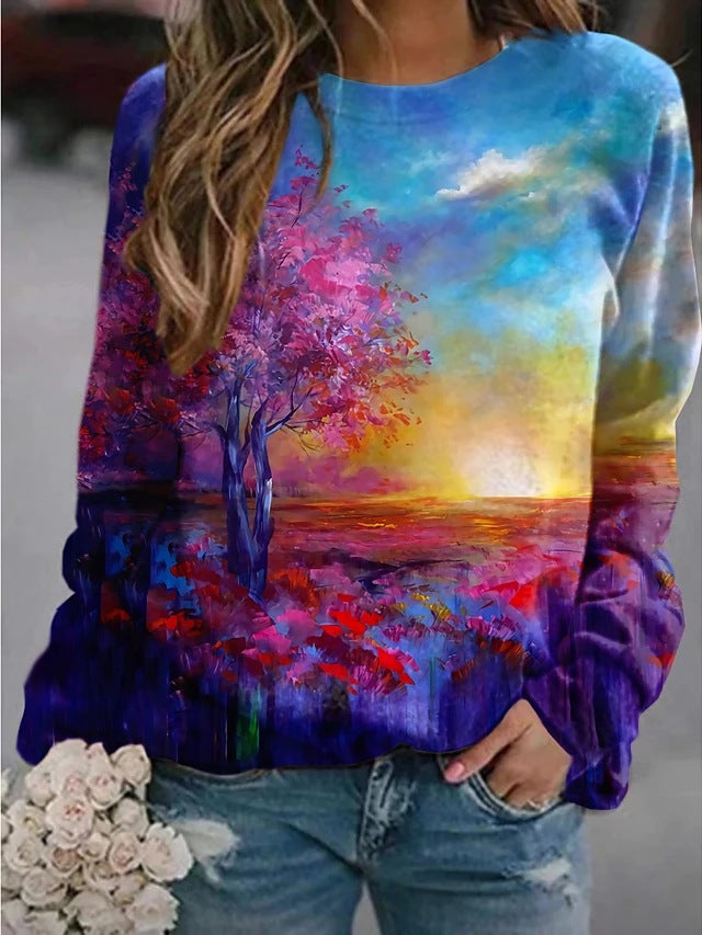 Women's Landscape Flower Floral Print Long Sleeve Sweaters