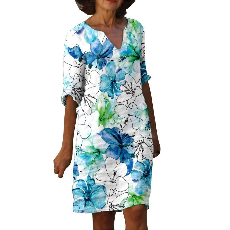 Women's Fashion Painting Printed Half Sleeve Mid-length Dresses