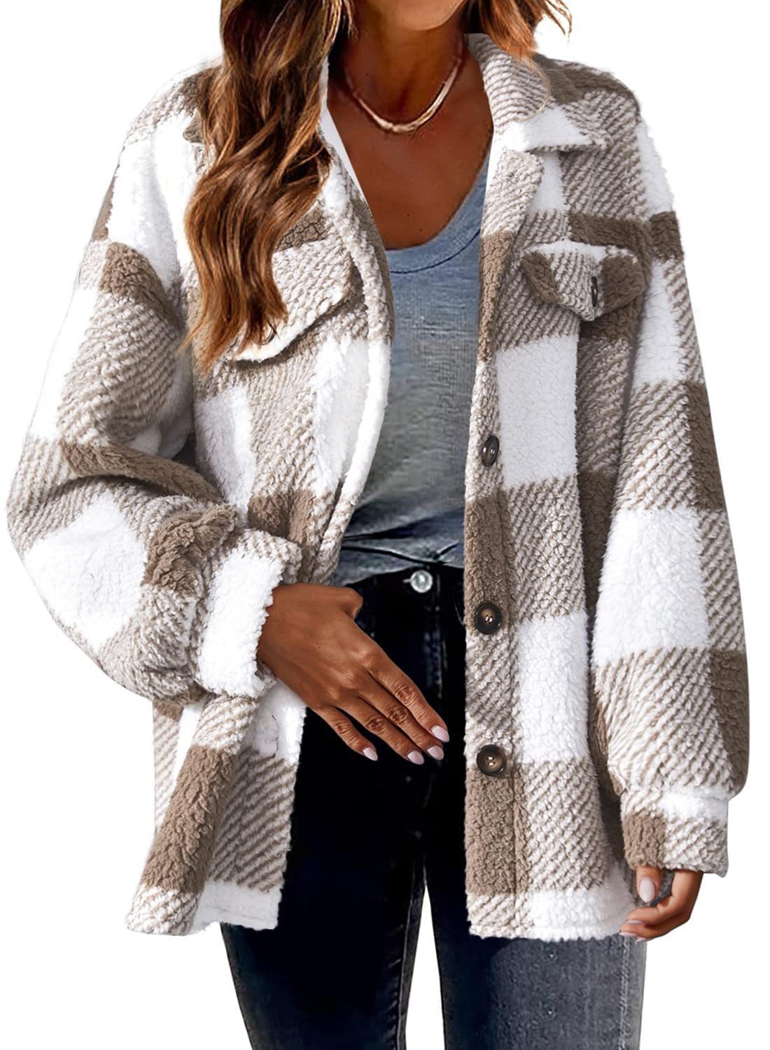 Women's Plaid With Pockets Button Plush Coats