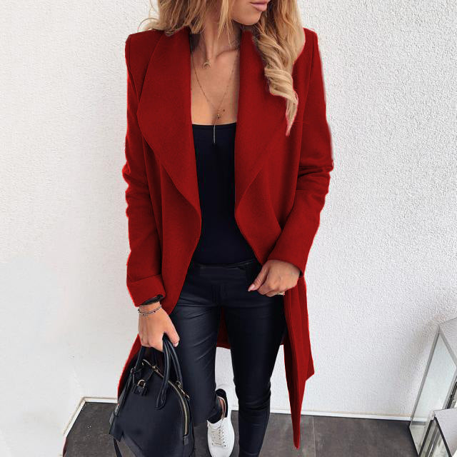 Women's Fashion Tie Lapel Solid Color Woolen Coats