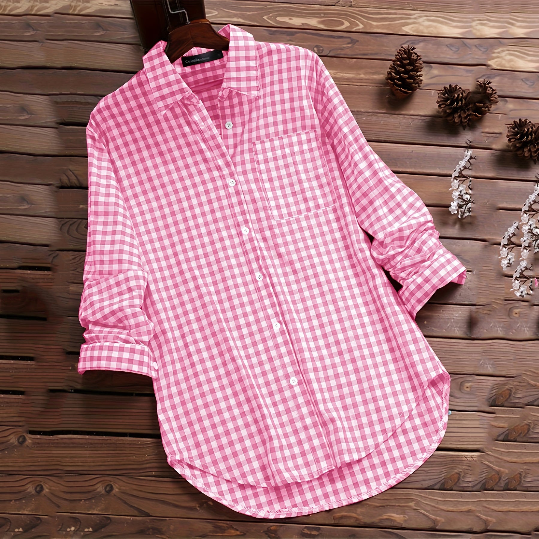 Women's Cotton Plaid Lapel Long-sleeved Retro Shirt Blouses