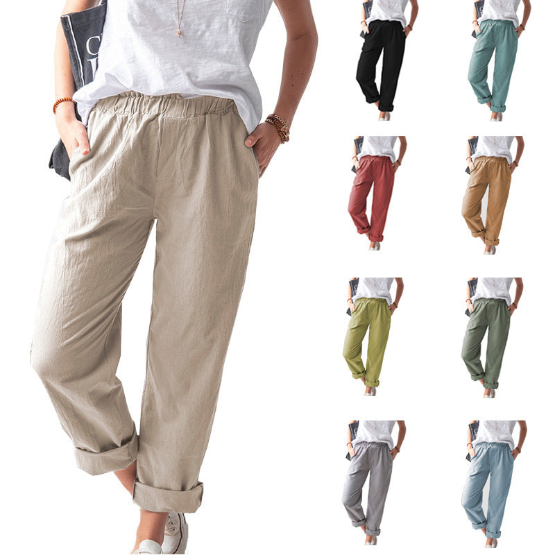 Women's Linen Trousers Solid Color Elastic High Waist Pants