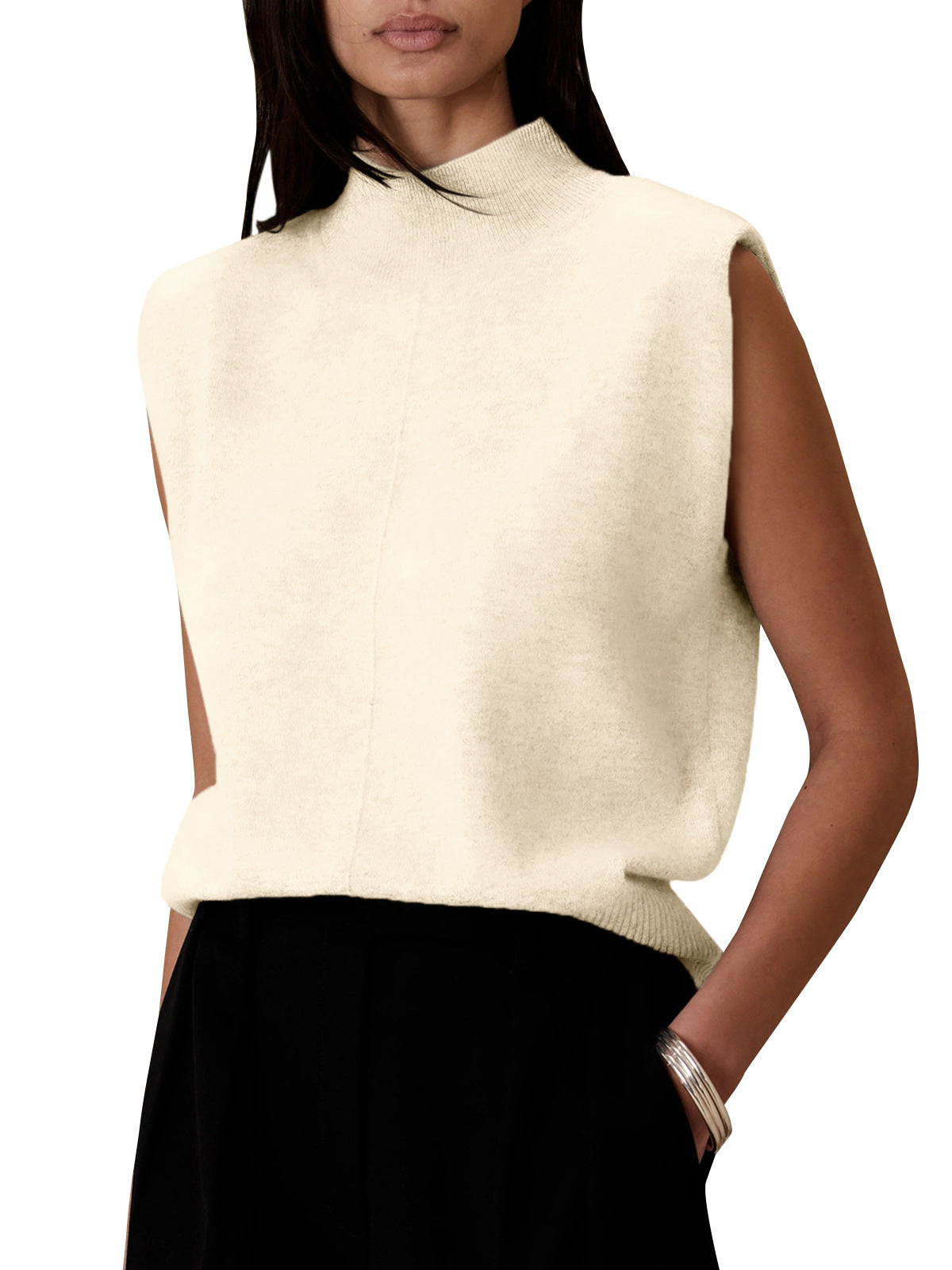 Women's Pure Color Half Collar Sleeveless Fashion Sweaters