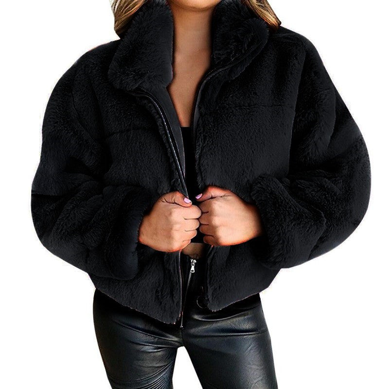 Women's Rabbit Fur Imitation Zipper Warm Plush Cardigans