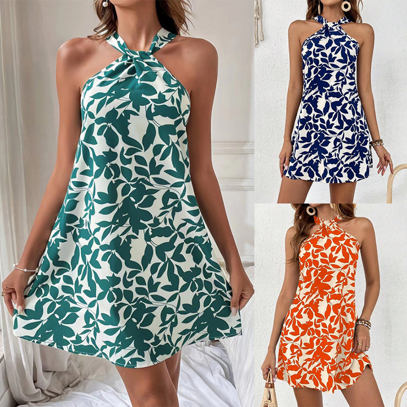 Women's Printed Sleeveless Backless Ruffled Halter Dress Dresses