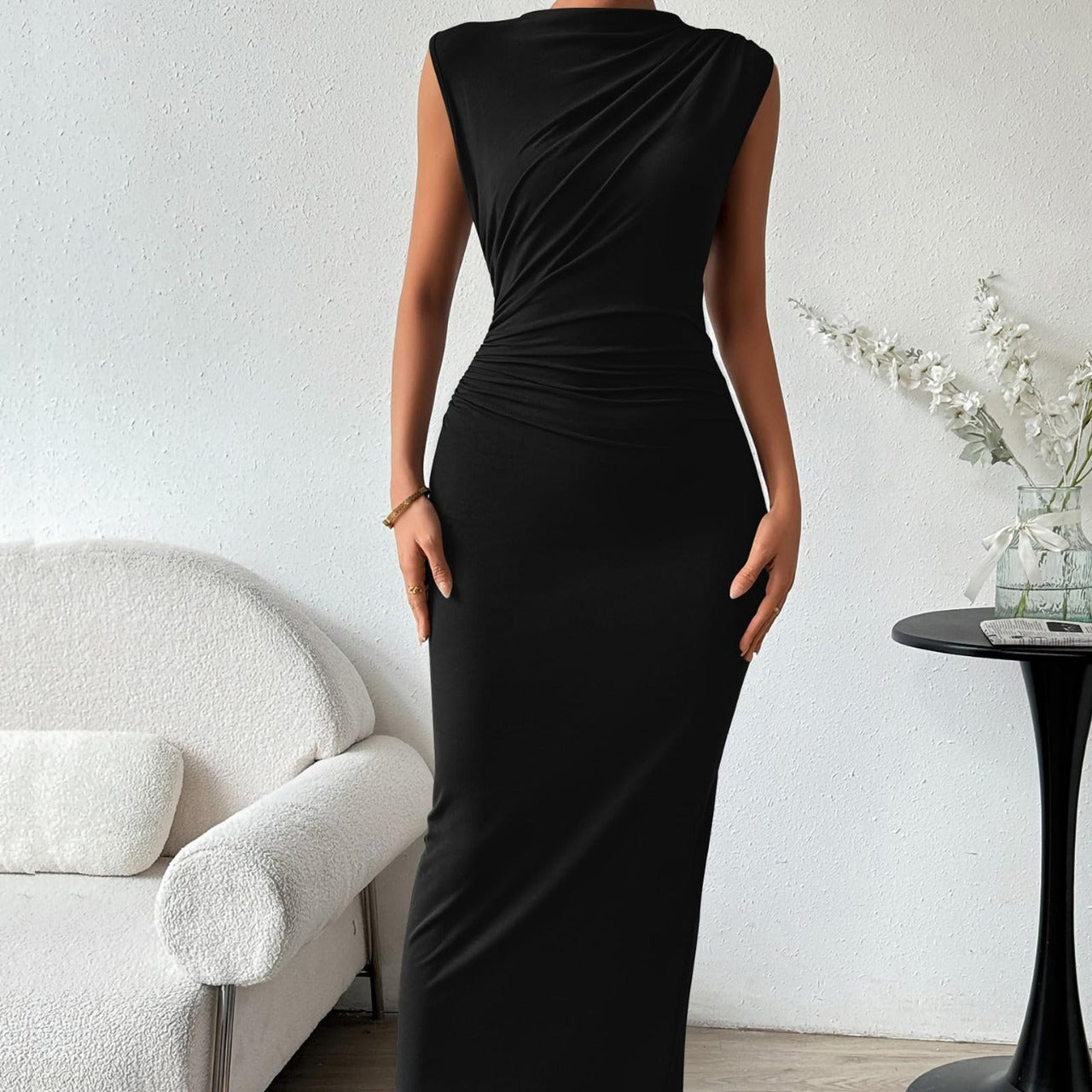 Spring Padded Shoulder Pleated Sleeveless Long Dresses