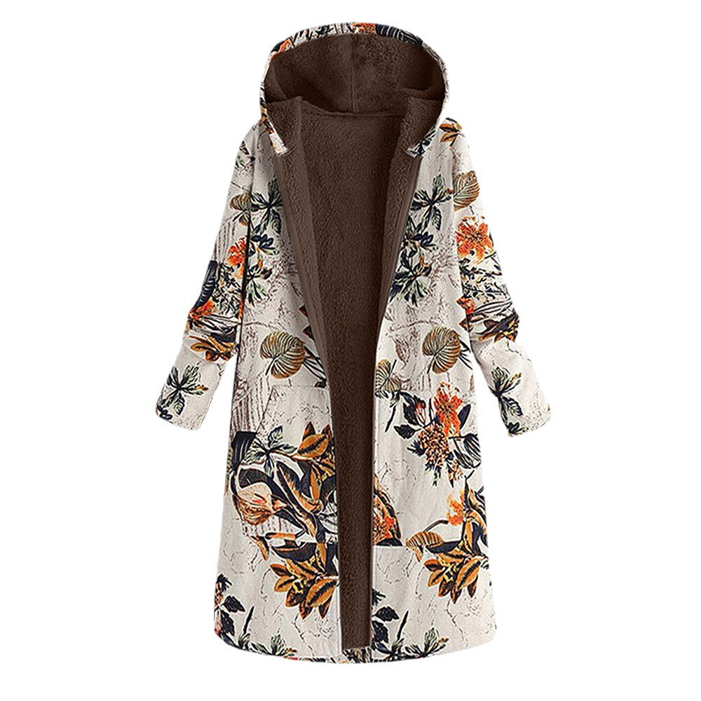 Women's Retro Pattern Print Hooded Long Zipper Coats