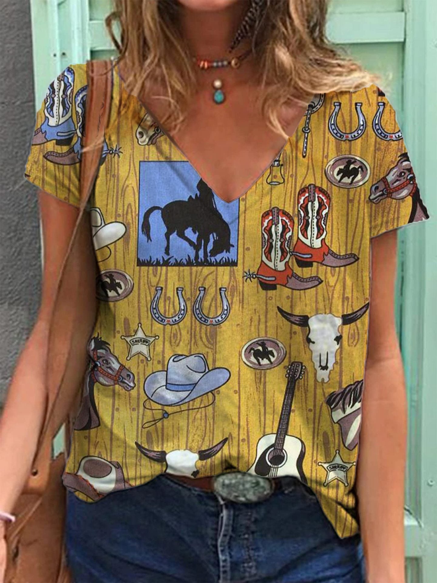 Women's Retro Western Denim Printing Short-sleeved T-shirt Blouses