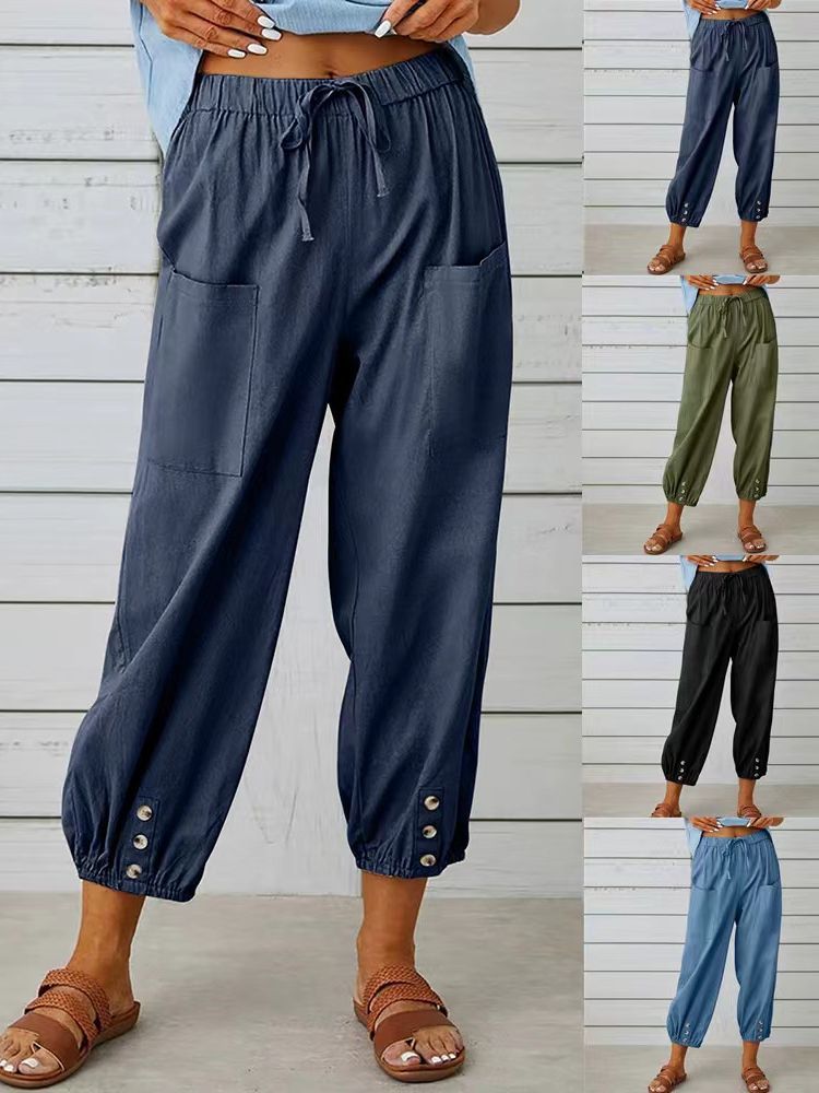 Women's Loose High Waist Button Cotton And Linen Trousers Pants