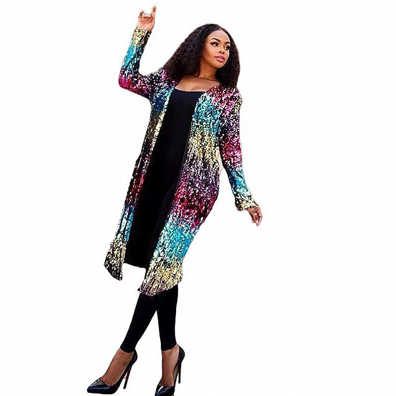 Women's Colorful Sequined Mid-length Trench Urban Casual Coats