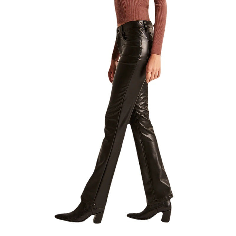 Women's Straight Leather Long Casual Low Waist Pants