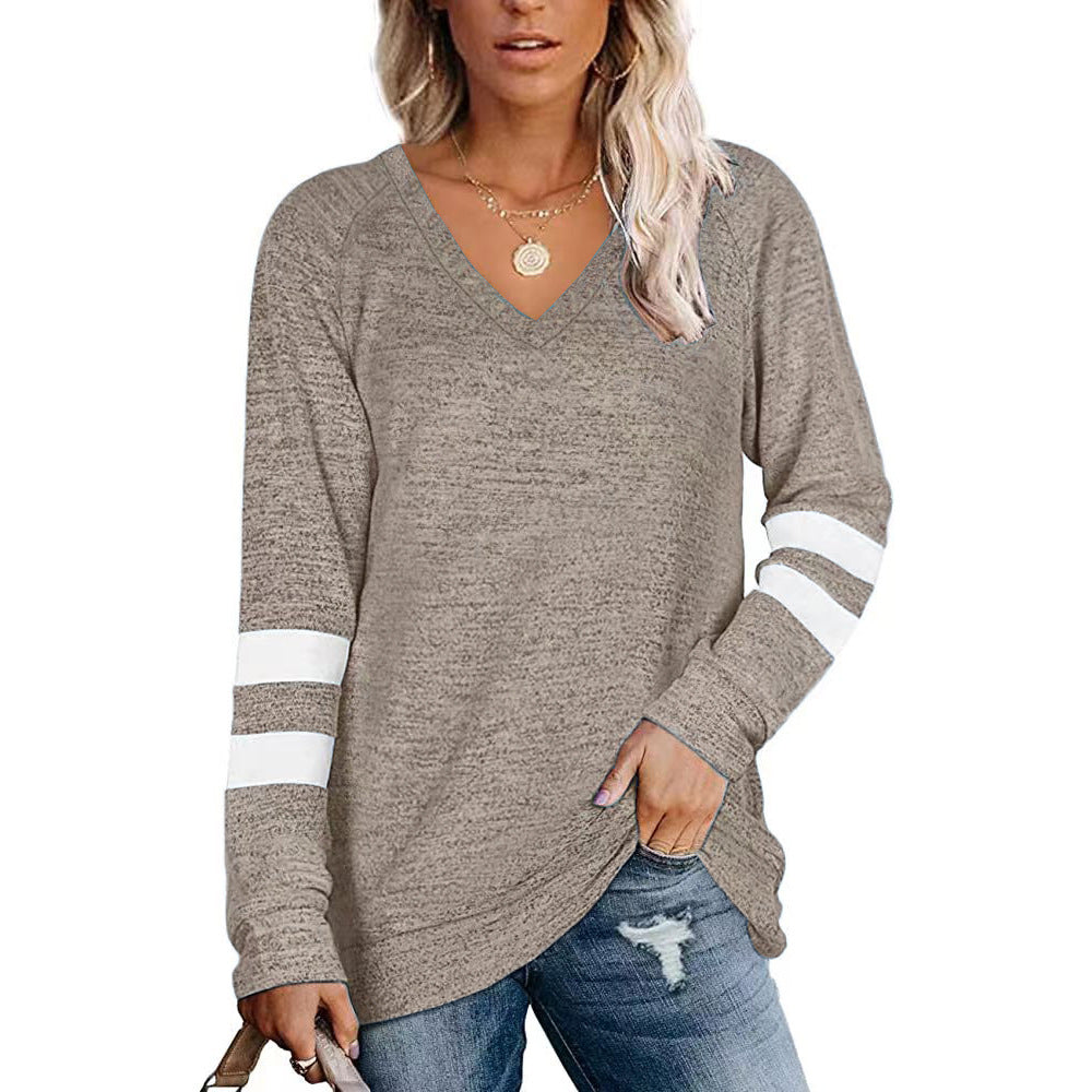 Women's Sleeve Color Patchwork V-neck Loose-fitting Casual Blouses