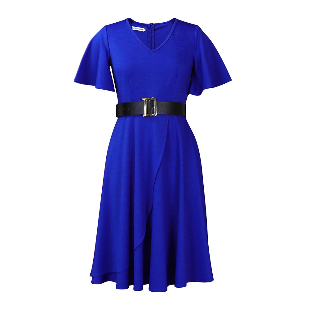 Women's Belt Summer Flared Sleeves Solid Color Dresses