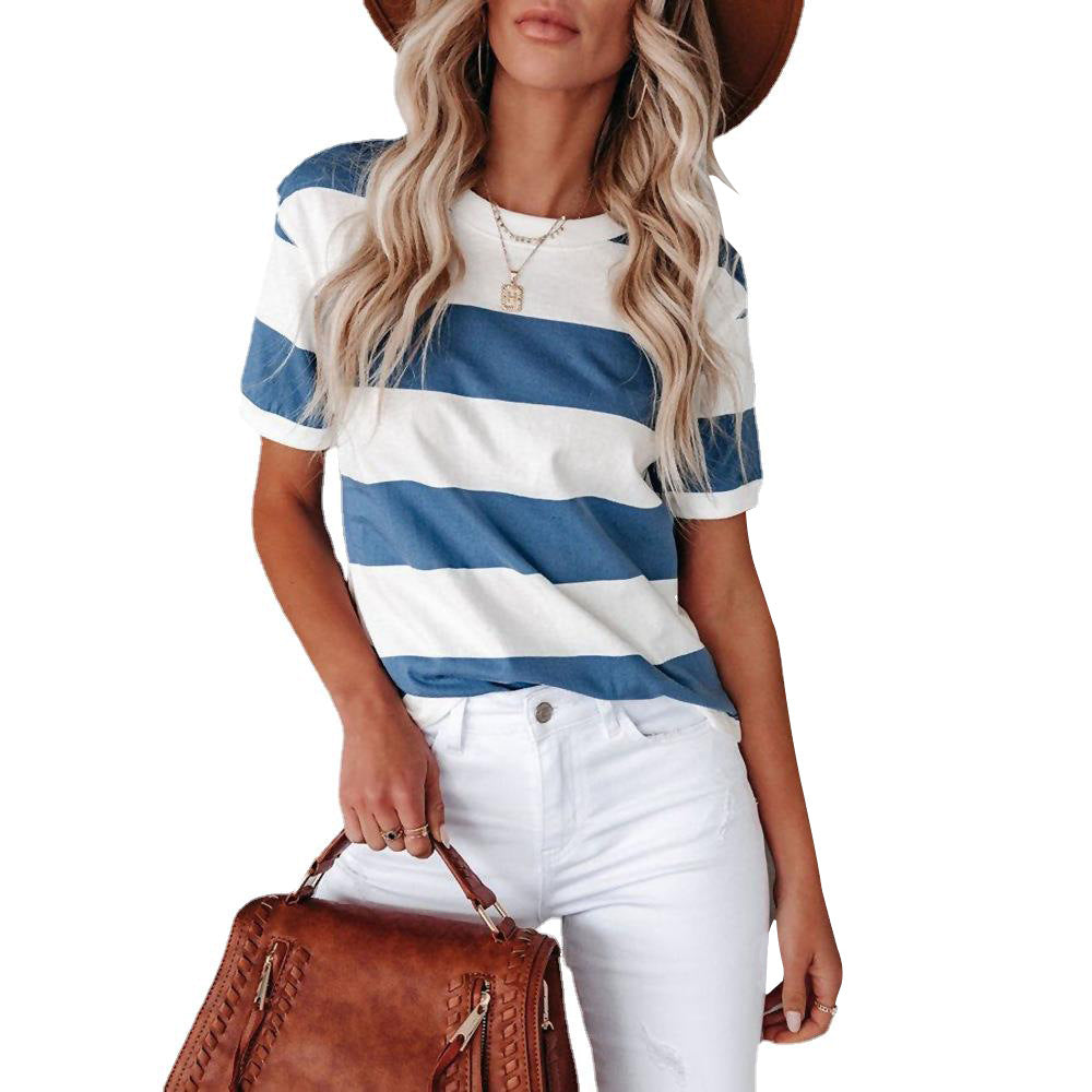 Women's Fashion Blue White Striped Printed Round Blouses