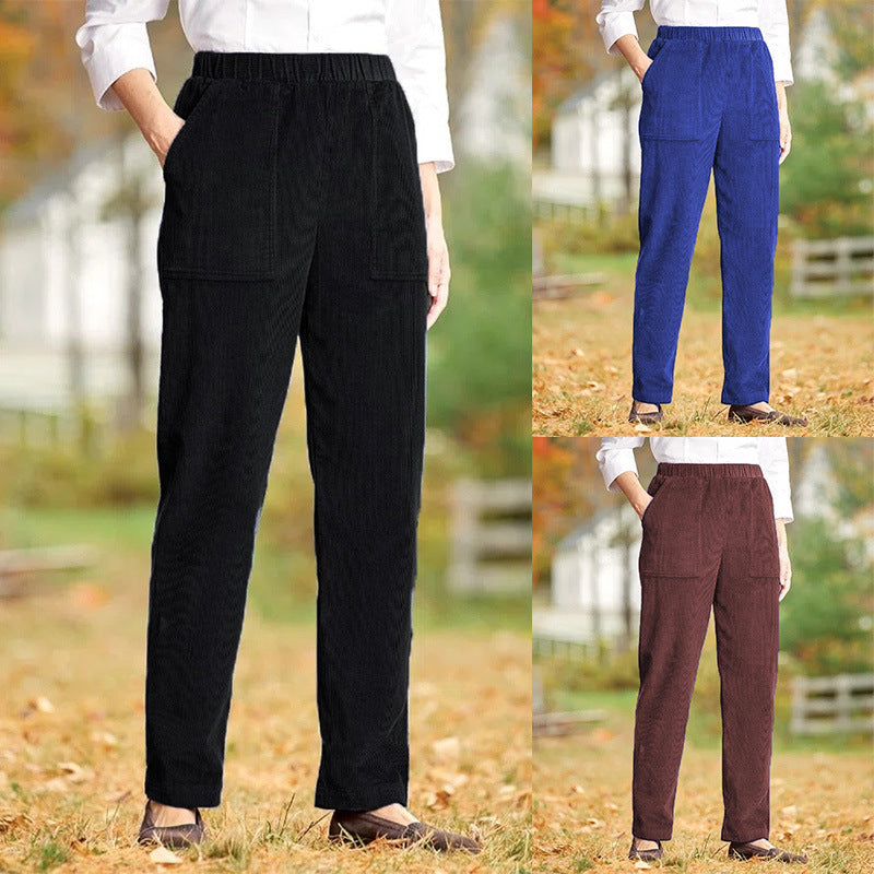 Women's Corduroy Casual Solid Color Pocket Trousers Pants