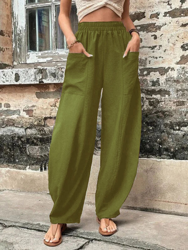 Women's Solid Color Pocket Trousers With An Pants