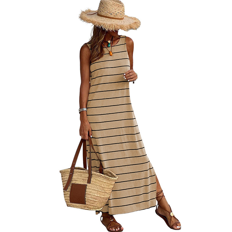 Summer Striped Printed Dress Round Neck Sleeveless High Waist Dresses