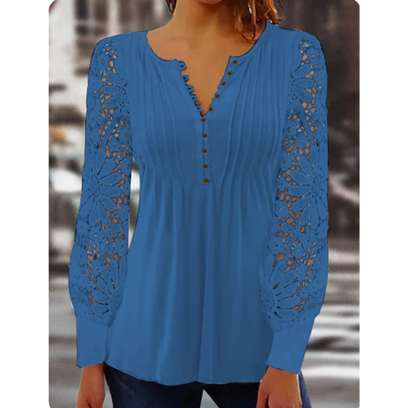 Women's Spring Lace Long Sleeve Pleated Solid Tops