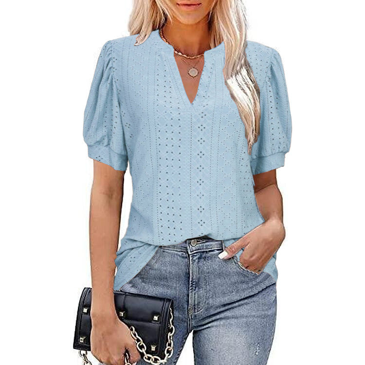 V-neck Solid Color Hollow Puff Sleeve Blouses