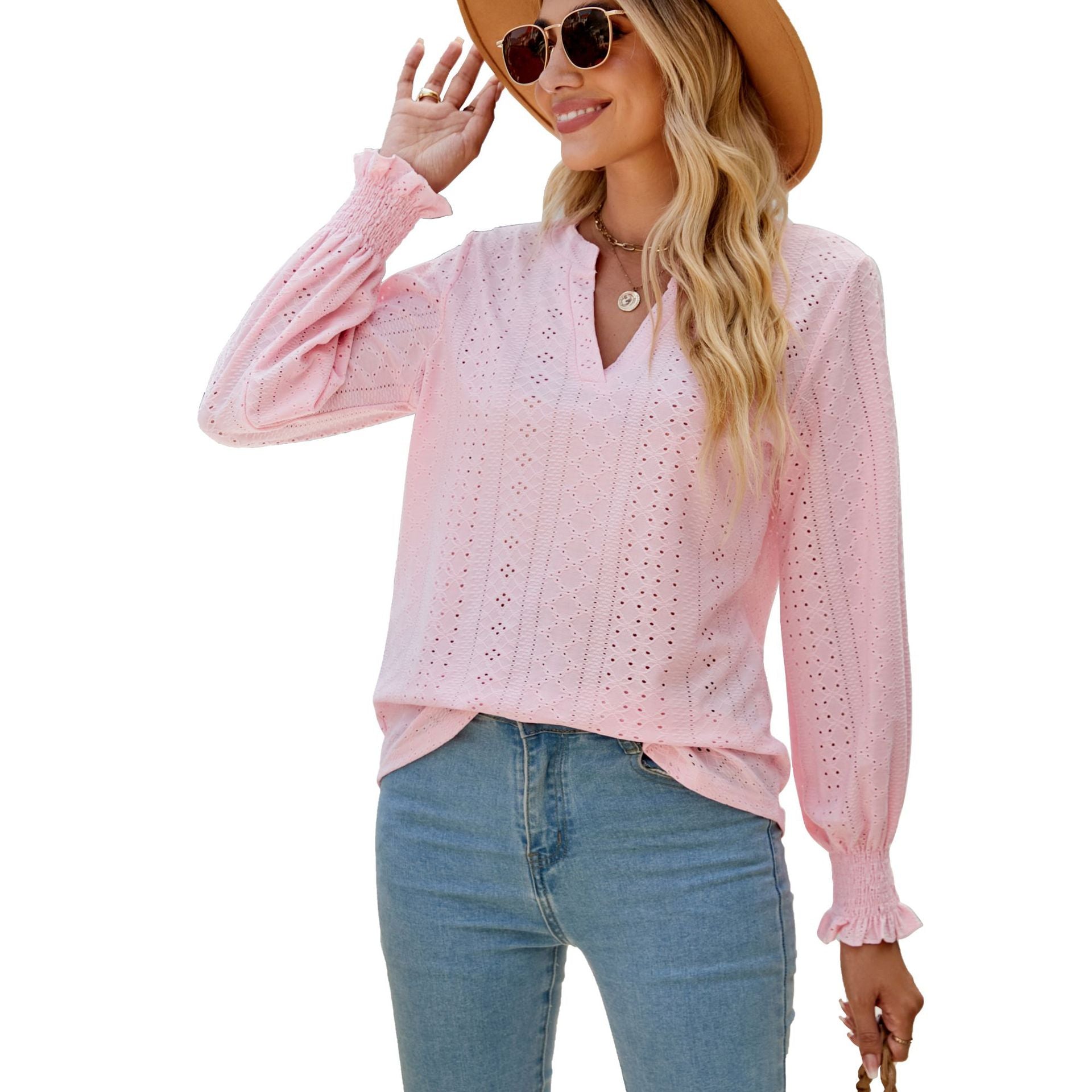 Solid Color Hollow-out Pleated Ruffle Sleeve V-neck Loose Blouses