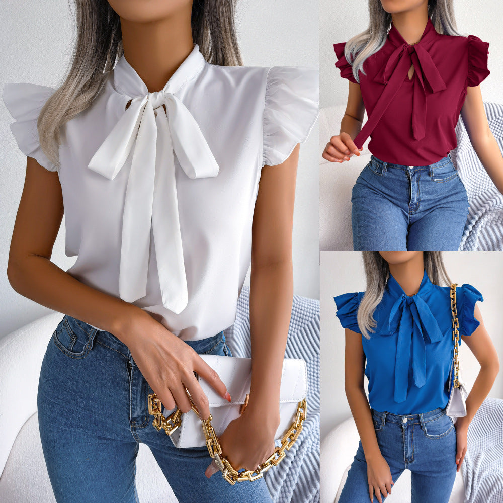 Women's Temperament Commute Stringy Seedge Lace-up Bow Blouses