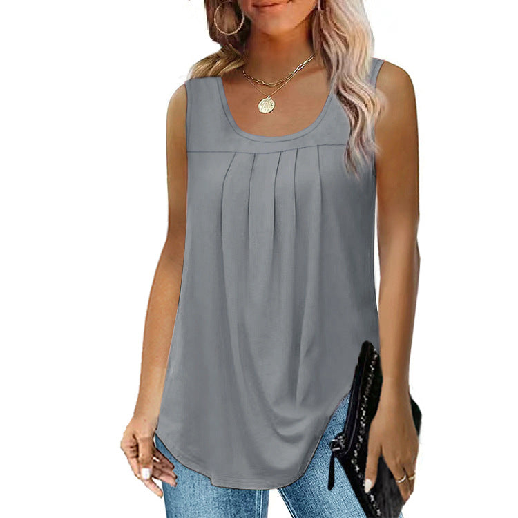 Women's Pleated Round Neck Dovetail Sleeveless Blouses