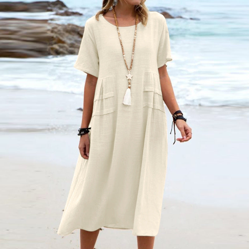 Women's Linen Solid Color Round Neck Sleeves Dresses