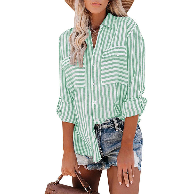 Women's Linen Cotton Washed Striped Single-breasted Long Blouses