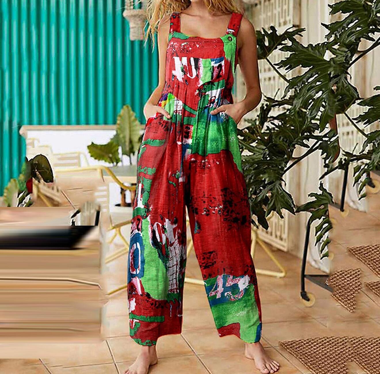 Women's Spring Fashion Patchwork Printed Button Bib Jumpsuits