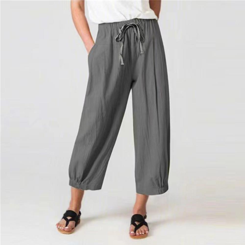 Women's Cotton Linen Drawstring Cropped Pocket Casual Pants