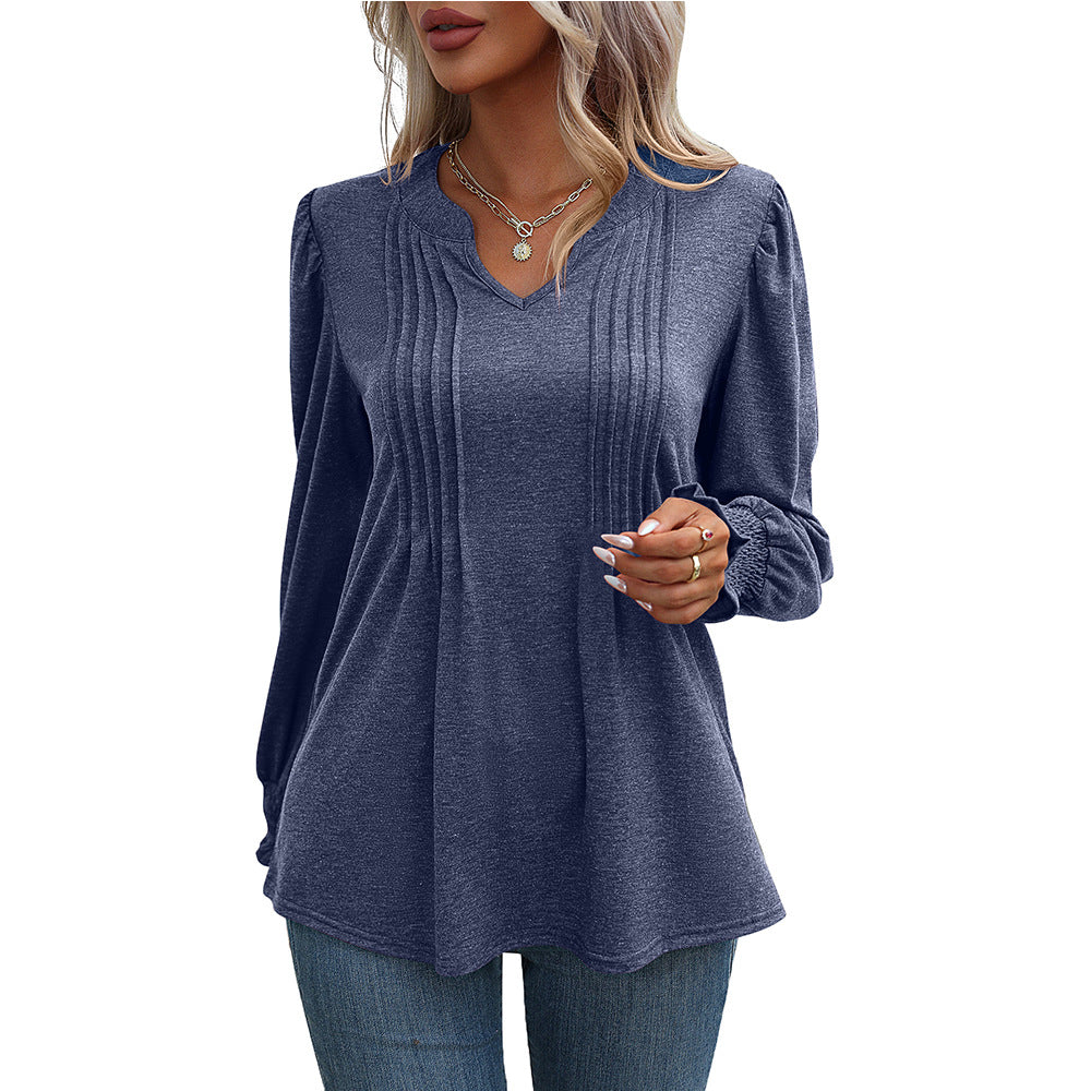 Women's Solid Color Casual Puff Sleeve Smocking Blouses