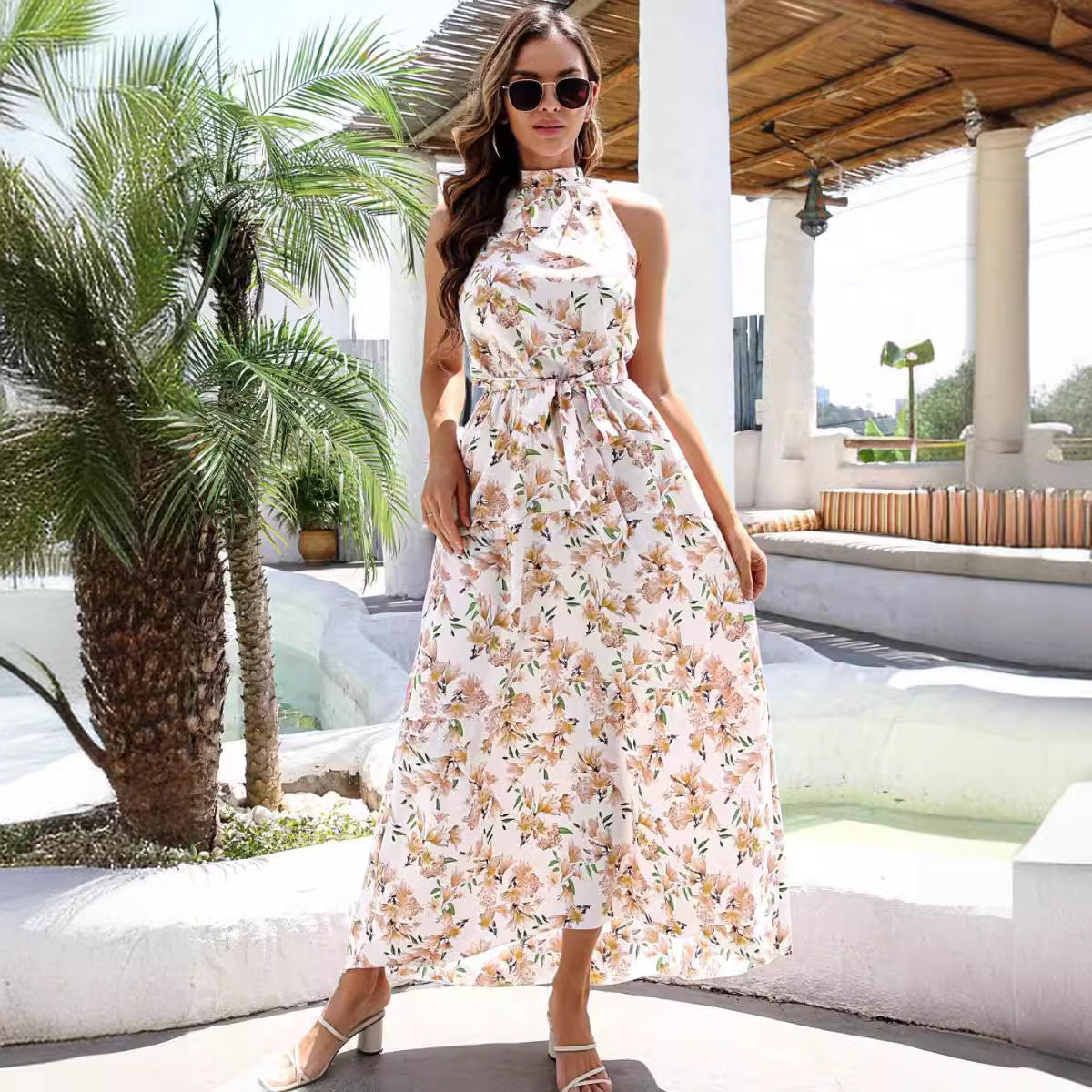 Women's Halter Backless Floral Irregular Swing Printed Dresses