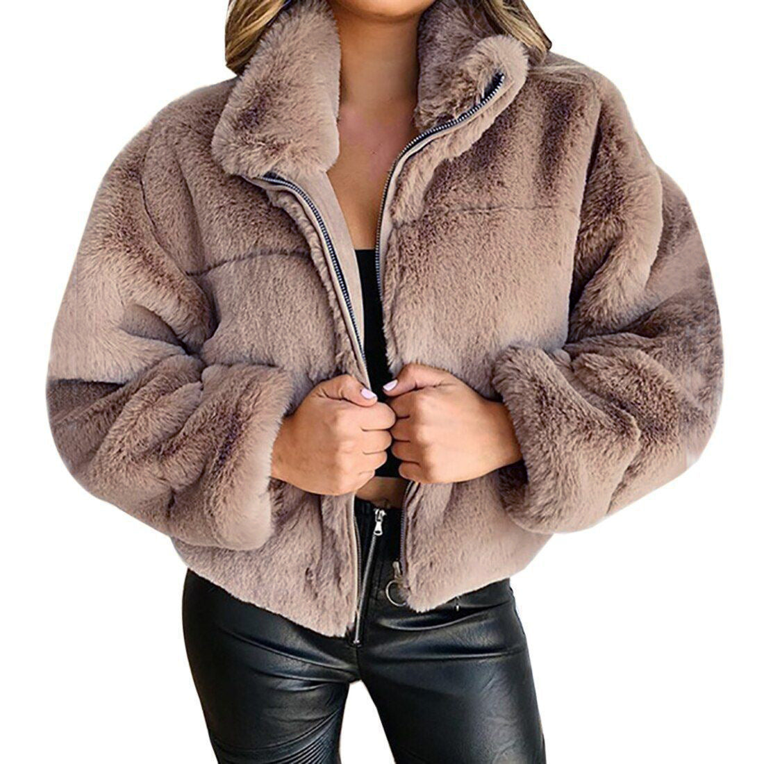 Women's Rabbit Fur Imitation Zipper Warm Plush Cardigans