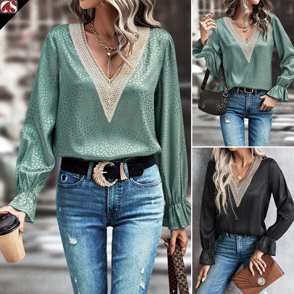 Women's Lace Pullover Shirt Jacquard Long-sleeved Blouses