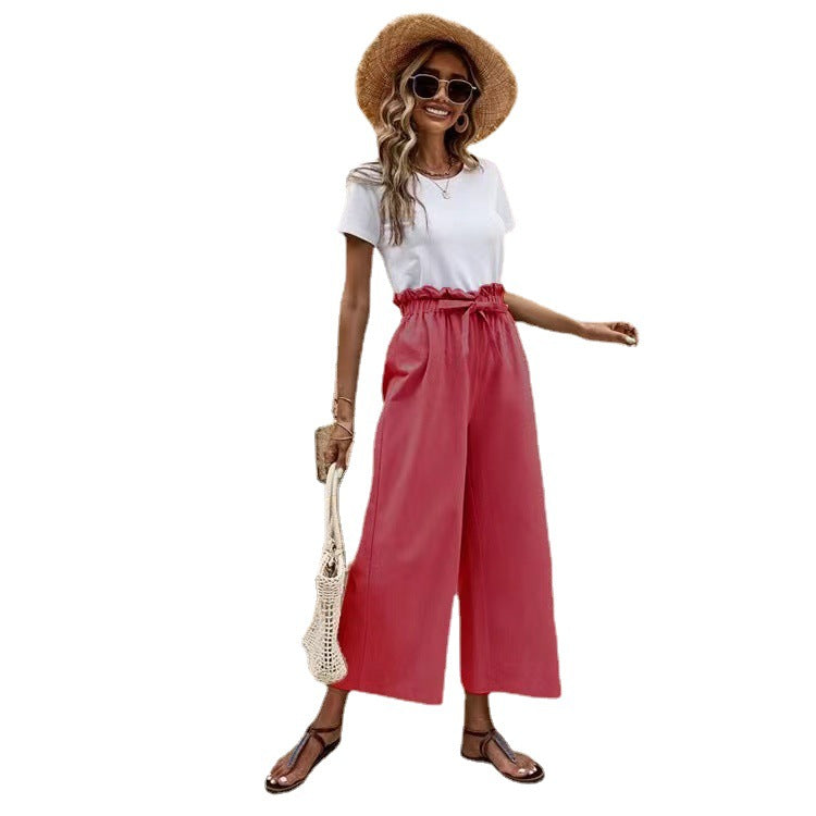 Women's Waist Solid Color Cotton Linen Belt Wide-leg Pants