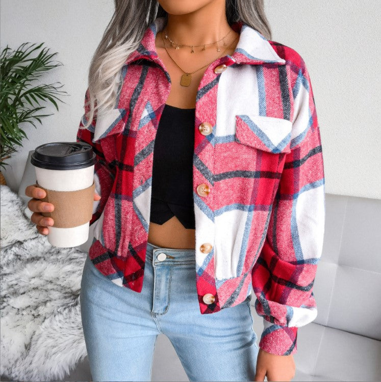 Women's Plaid Lantern Long Sleeve Woolen Coats