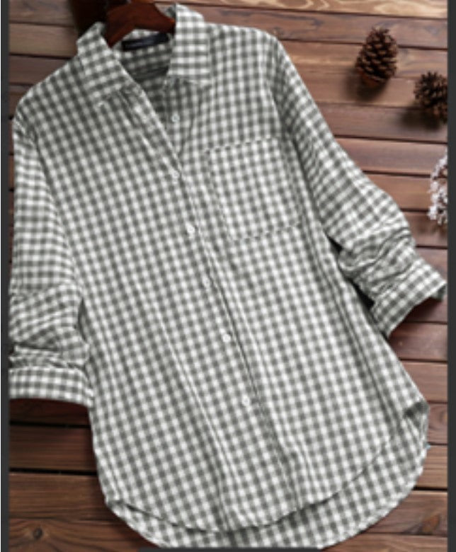 Women's Cotton Plaid Lapel Long-sleeved Retro Shirt Blouses