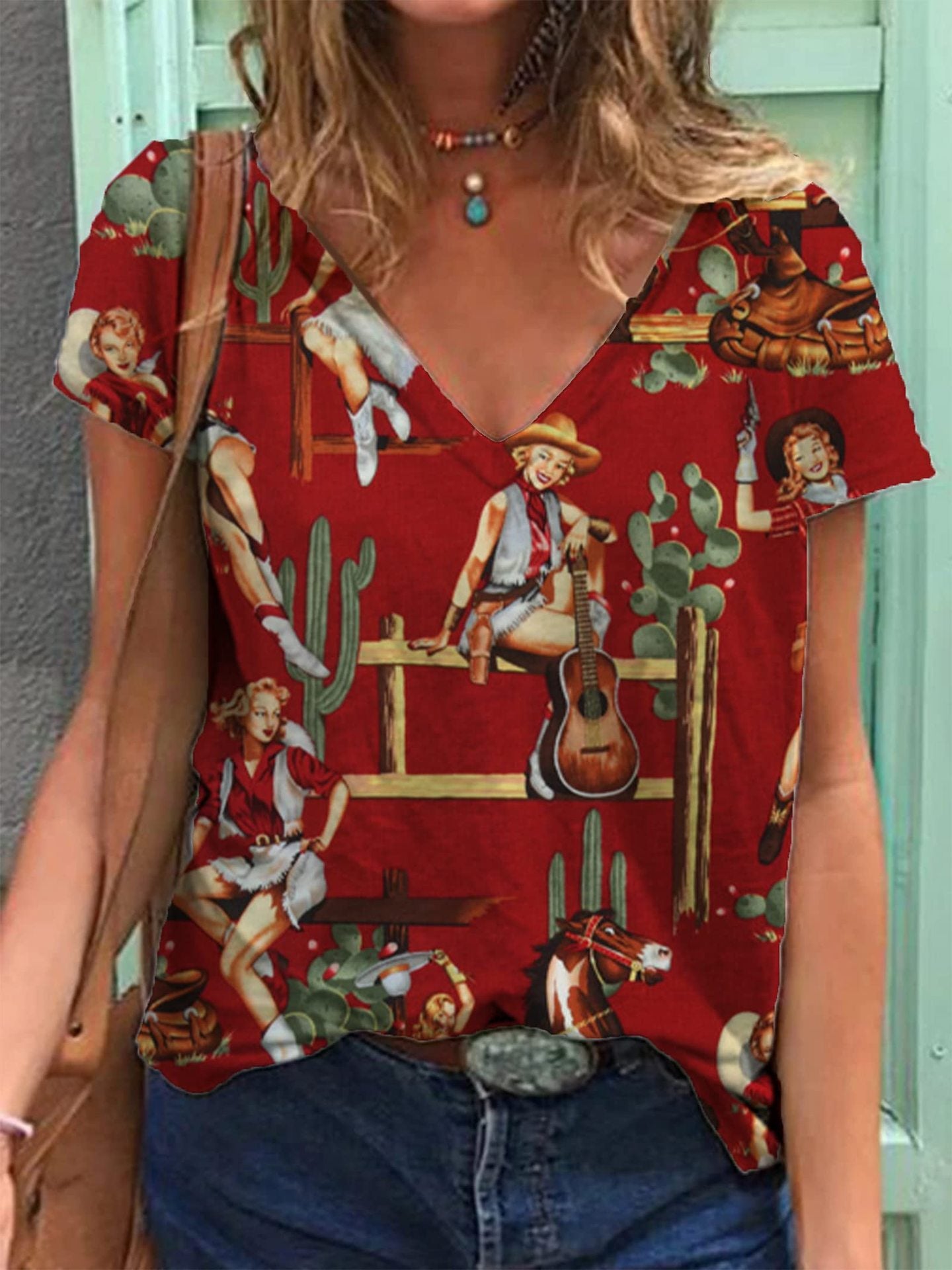 Women's Retro Western Denim Printing Short-sleeved T-shirt Blouses