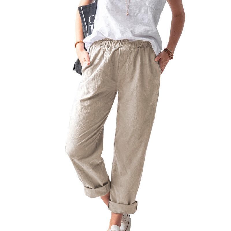 Women's Linen Trousers Solid Color Elastic High Waist Pants