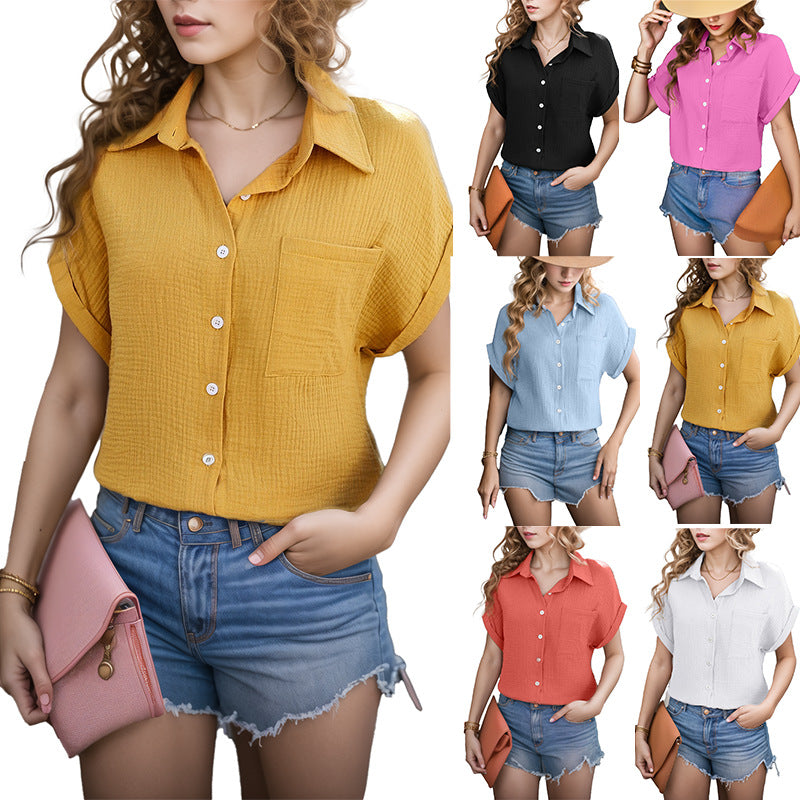 Women's Loose Sleeve Pocket Casual Shirt Shorts