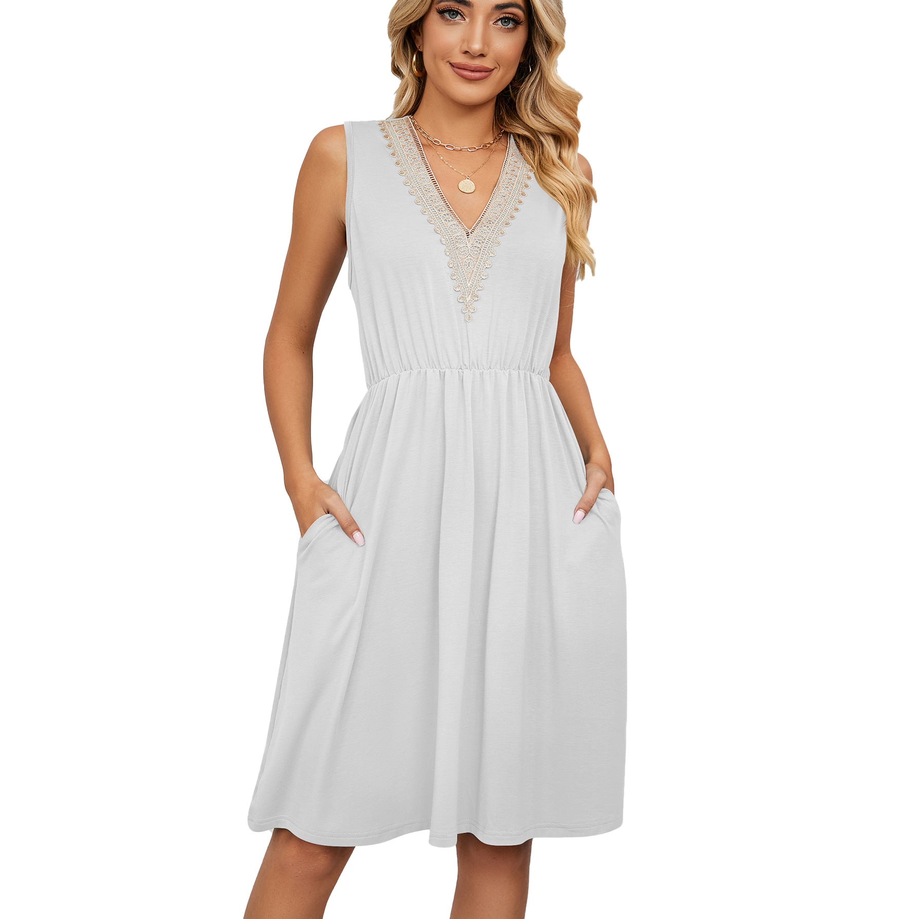 Solid Color V-neck Stitching Sleeveless Pocket Dresses