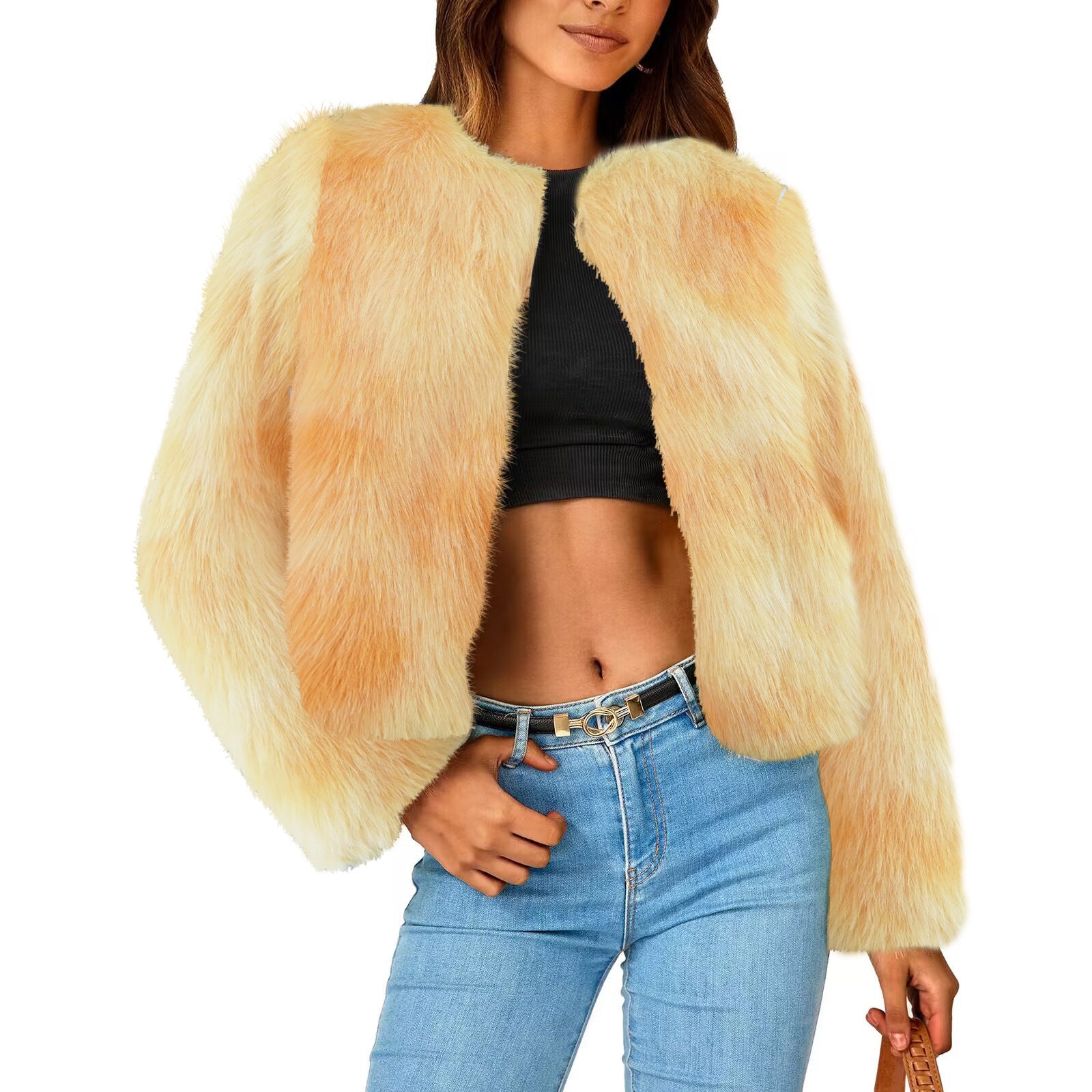 Crew Neck Imitation Fur Overcoat Light Coats