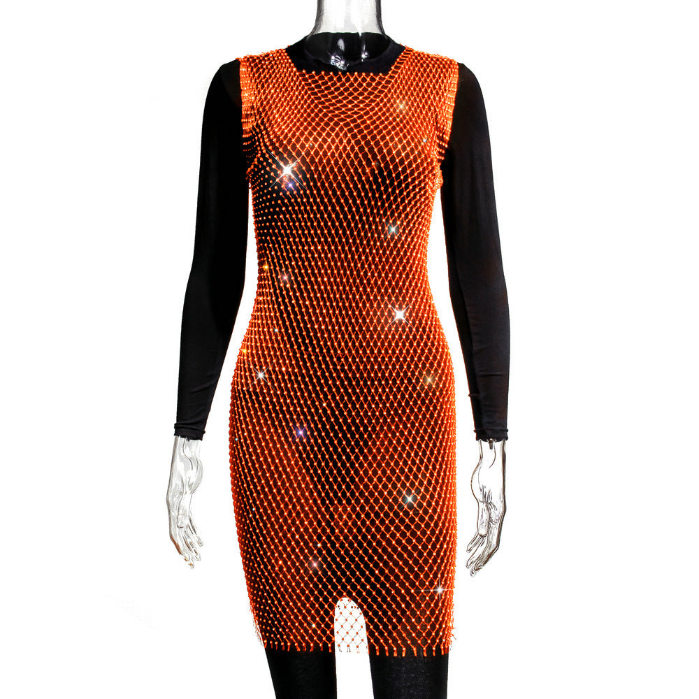 Women's Rhinestone Fishnet Summer Mesh One-piece Dress Blouses