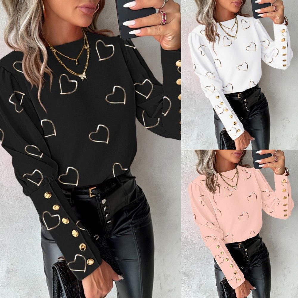 Women's Fashionable Printed Long-sleeved Round Neck Button Blouses