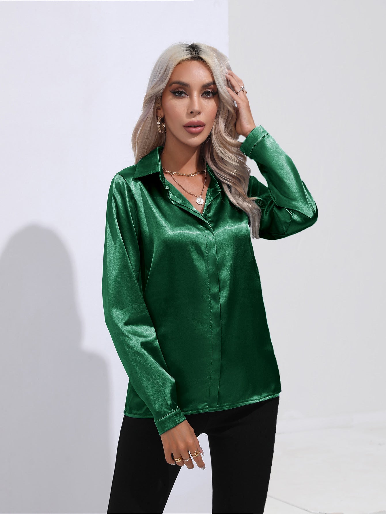 Women's One Button Satin Shirt Long Sleeve Blouses