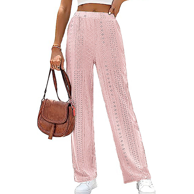 Women's Casual Solid Color Hollow Elastic Waist Pants